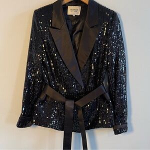 Promise Black Sequin Blazer with Satin Lapels and Tie, Size 10
